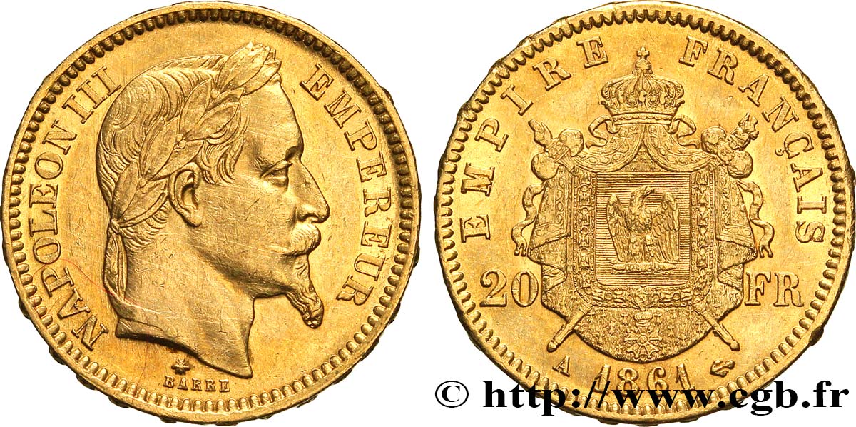 20 francs or Napoléon III, tête laurée 1861 Paris F.532/1 MBC 