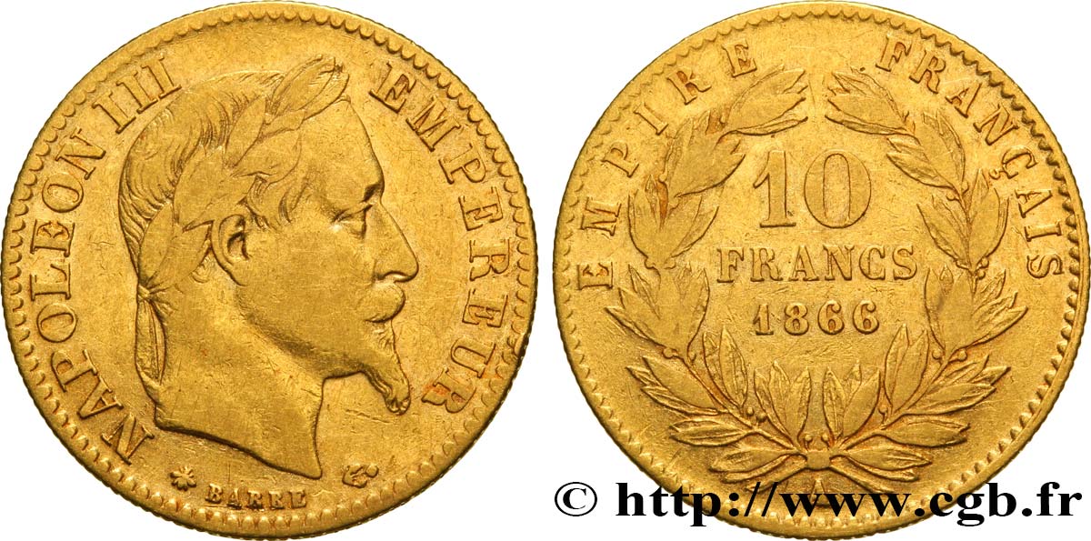 10 francs or Napoléon III, tête laurée 1866 Paris F.507A/12 BC35 