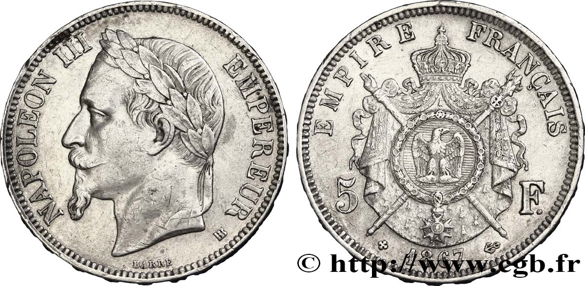 5 francs Napoléon III, tête laurée 1867 Strasbourg F.331/11 TTB48 