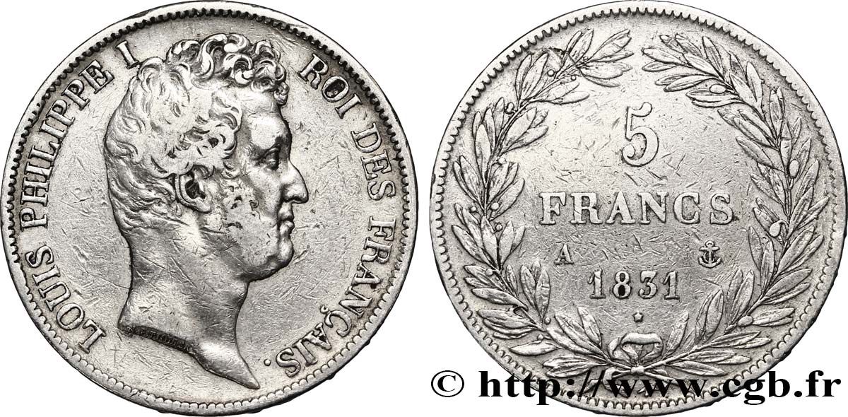 5 francs type Tiolier avec le I, tranche en creux 1831 Paris F.315/14 VF35 