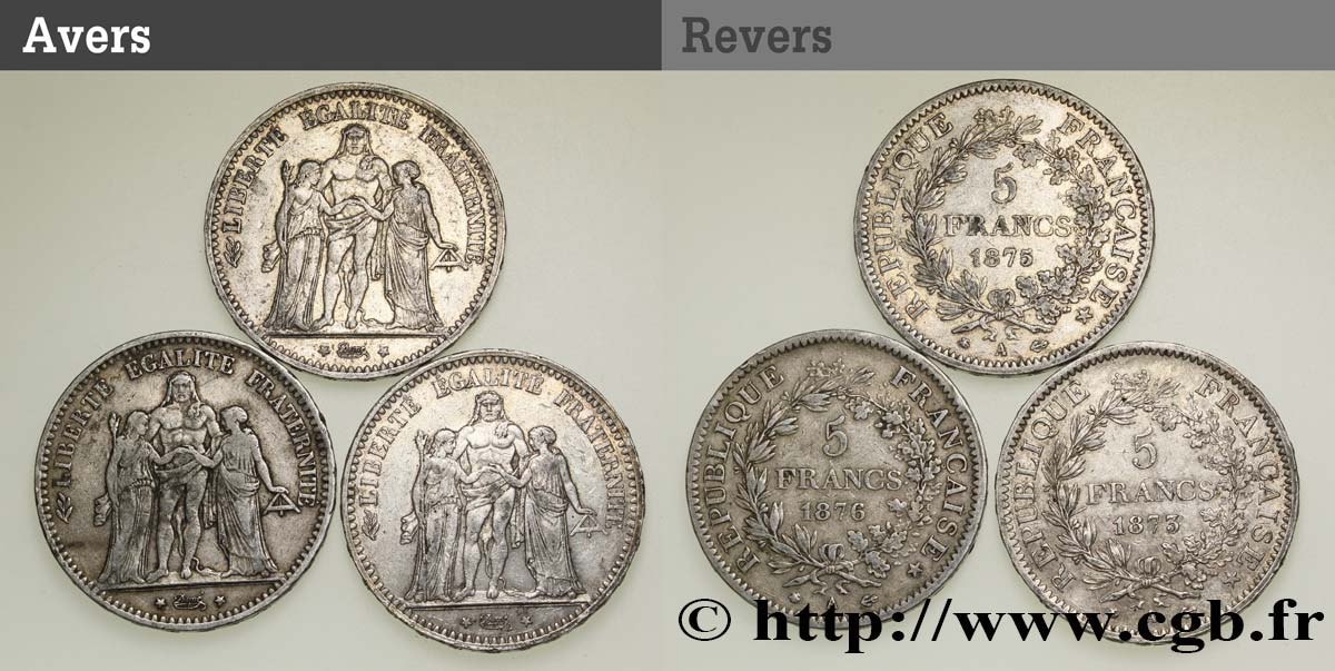 Lot de trois pièces de 5 francs Hercule : 1873 1875 1876 - Paris F.334/9 S 