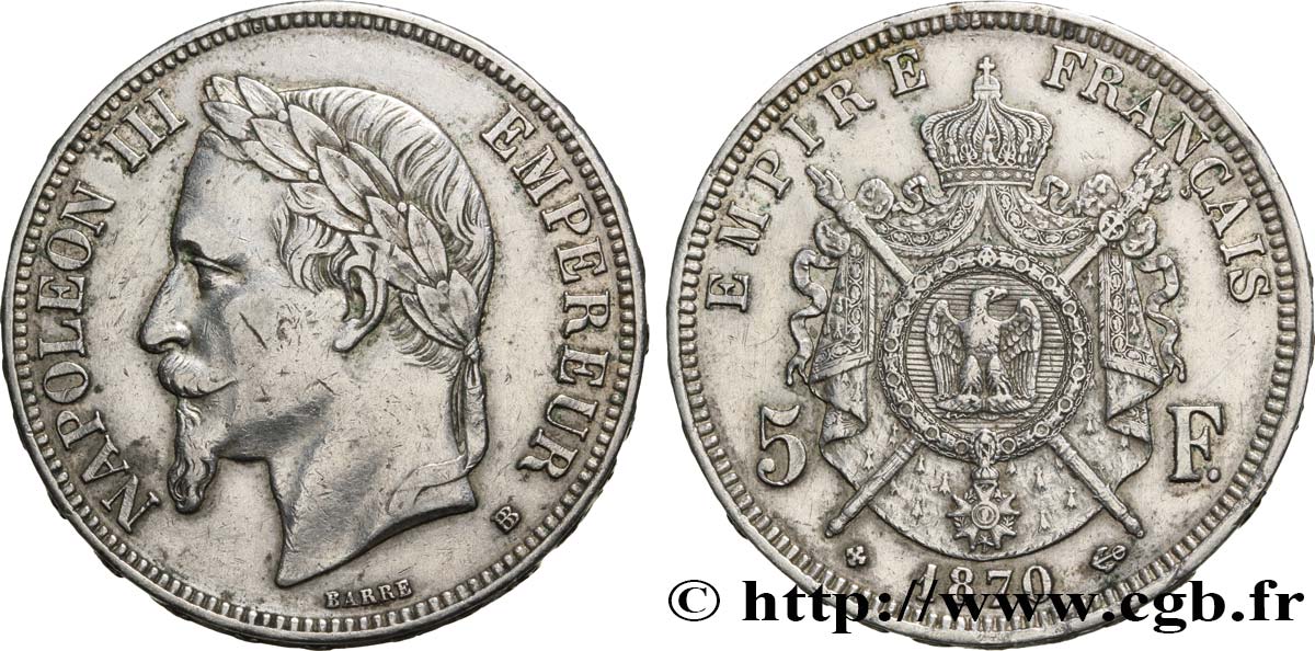 5 francs Napoléon III, tête laurée 1870 Strasbourg F.331/17 SS45 