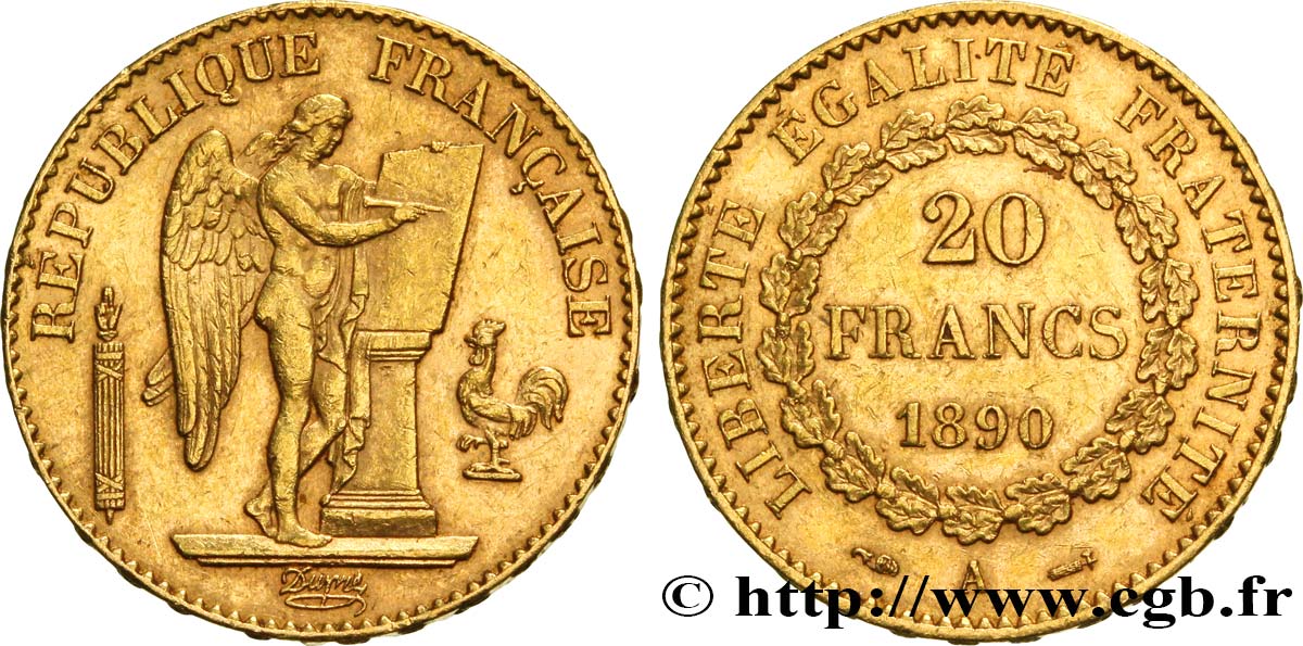 20 francs or Génie, Troisième République 1890 Paris F.533/14 MBC52 