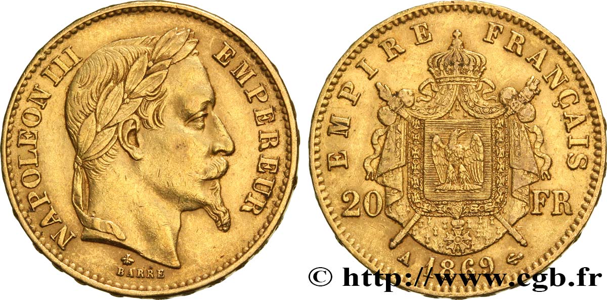 20 francs or Napoléon III, tête laurée 1869 Paris F.532/20 MBC40 