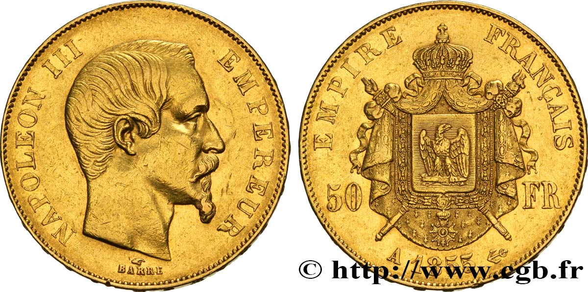 50 francs or Napoléon III, tête nue 1855 Paris F.547/1 BB42 