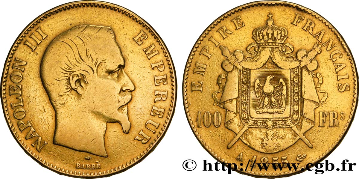 100 francs or Napoléon III, tête nue 1855 Paris F.550/1 TB15 