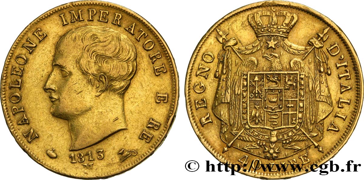 40 lire or, 2e type, tranche en creux 1813 Milan Mont.200  MBC45 