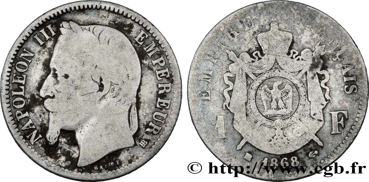 1 franc Napoléon III, tête laurée 1868 Strasbourg F.215/13 SGE6 