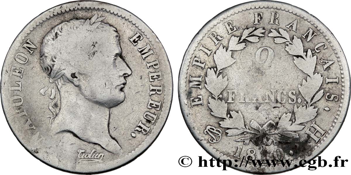 2 francs Napoléon Ier tête laurée, Empire français 1810 La Rochelle F.255/14 B8 