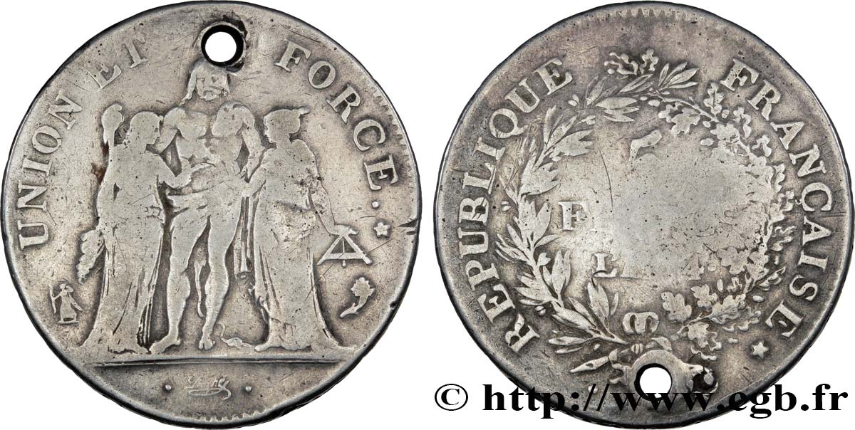 5 francs Union et Force, Union serré, avec glands, listel par virole 1796 Paris F.287/2 BC 