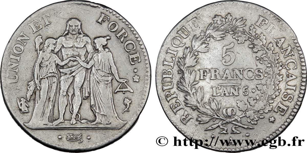 5 francs Union et Force, Union serré, avec glands intérieurs et gland extérieur 1797 Paris F.288/4 TTB45 