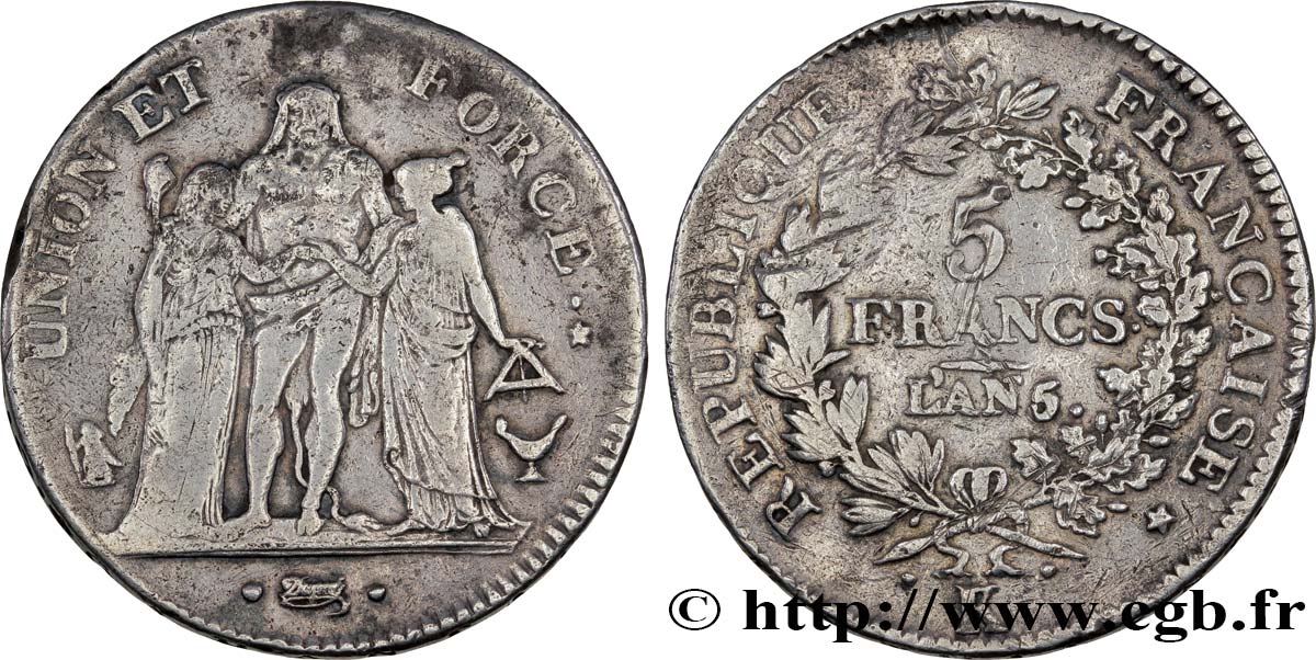 5 francs Union et Force, Union serré, avec glands intérieurs et gland extérieur 1797 Bordeaux F.288/20 S25 