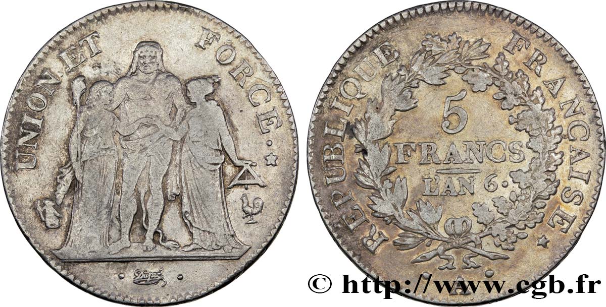 5 francs Union et Force, Union serré, avec glands intérieurs et gland extérieur 1798 Paris F.288/35 VF35 