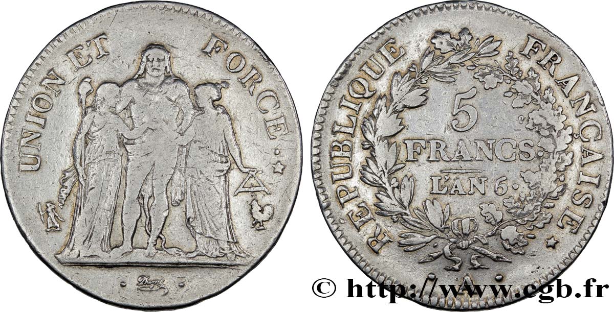 5 francs Union et Force, Union serré, avec glands intérieurs et gland extérieur 1798 Paris F.288/45 TB30 