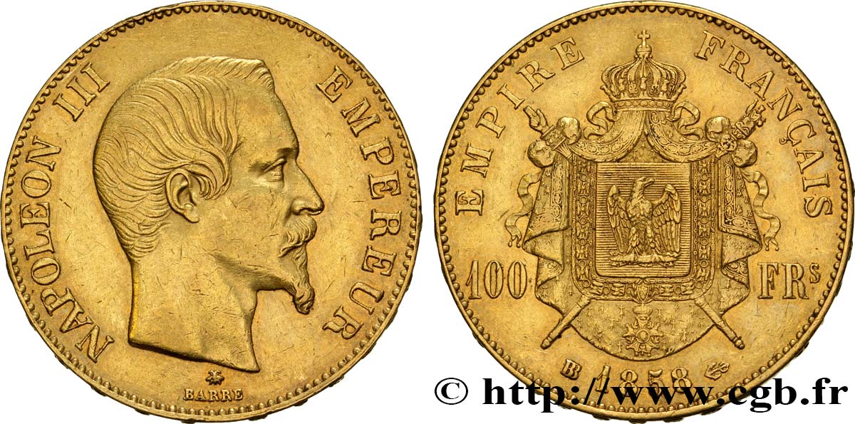 100 francs or Napoléon III, tête nue 1858 Strasbourg F.550/6 XF48 