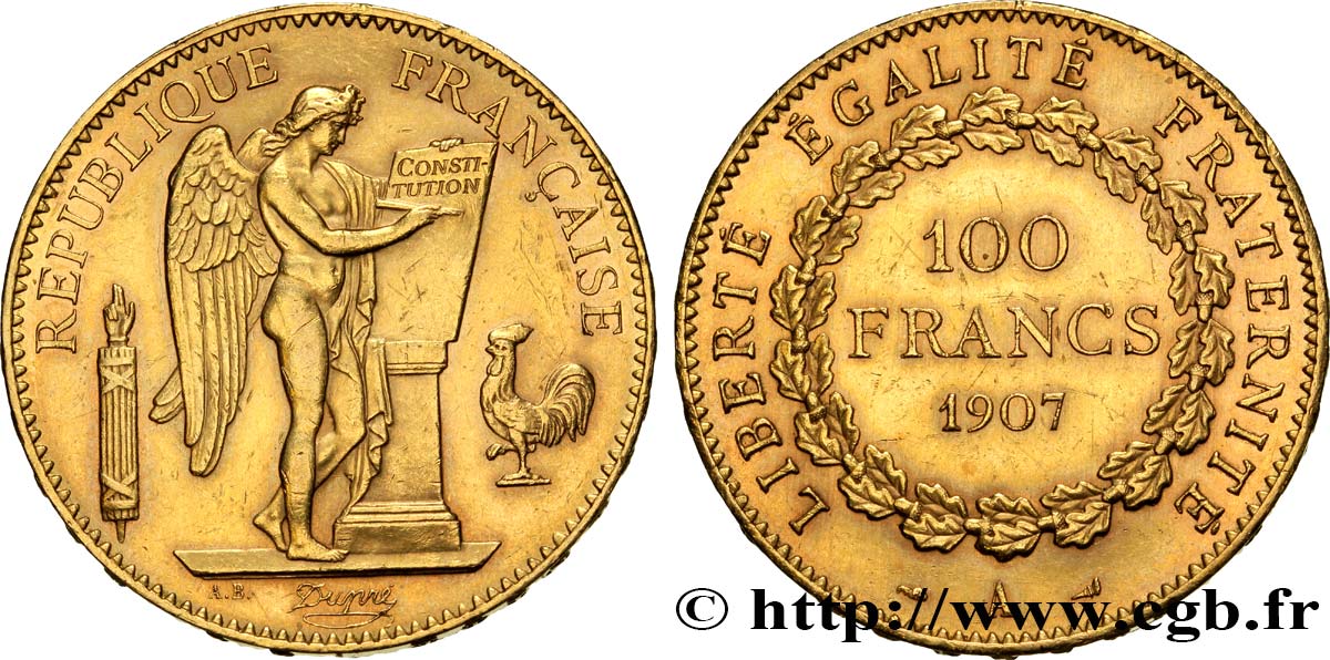 100 francs or Génie, tranche inscrite en relief Liberté Égalité Fraternité 1907 Paris F.553/1 BB52 