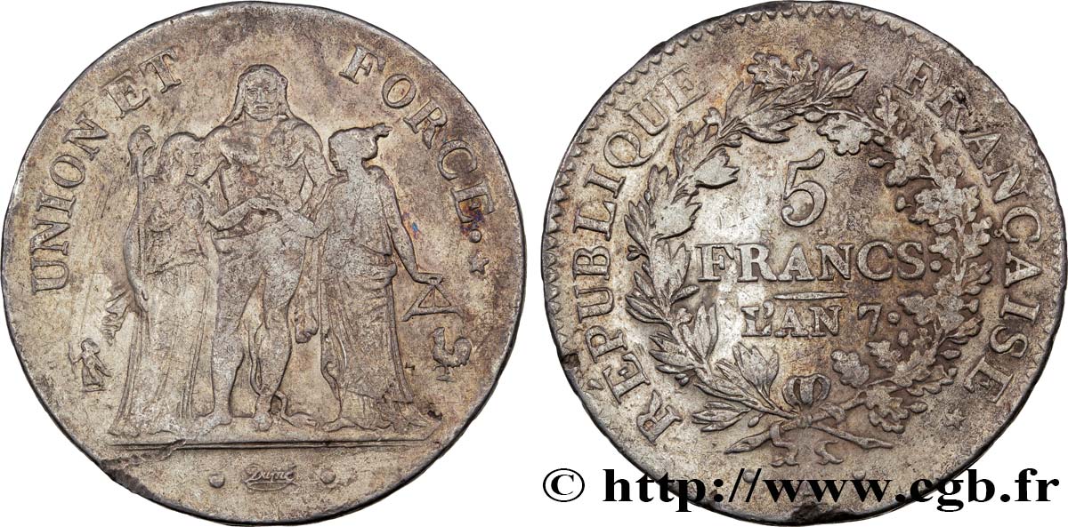 5 francs Union et Force, Union serré, avec glands intérieurs et gland extérieur 1799 Paris F.288/95 TTB40 