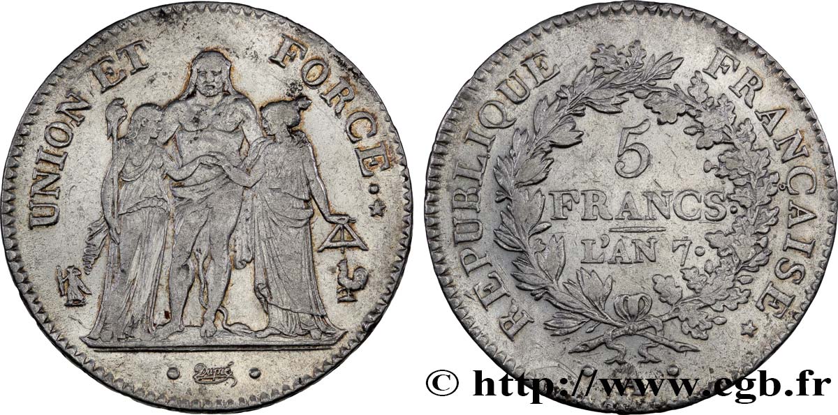 5 francs Union et Force, Union serré, avec glands intérieurs et gland extérieur 1799 Paris F.288/103 TTB45 