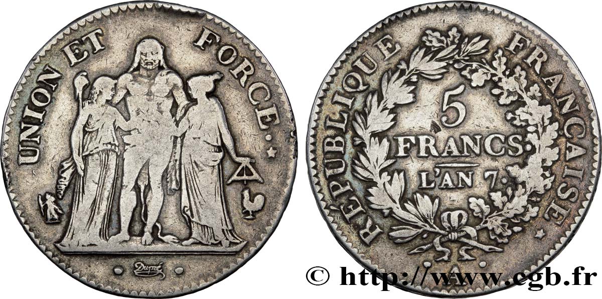 5 francs Union et Force, Union serré, avec glands intérieurs et gland extérieur 1799 Paris F.288/103 TB25 