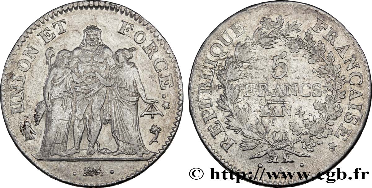 5 francs Union et Force, Union desserré, avec glands intérieurs et gland extérieur 1796 Paris F.291/1 BB40 