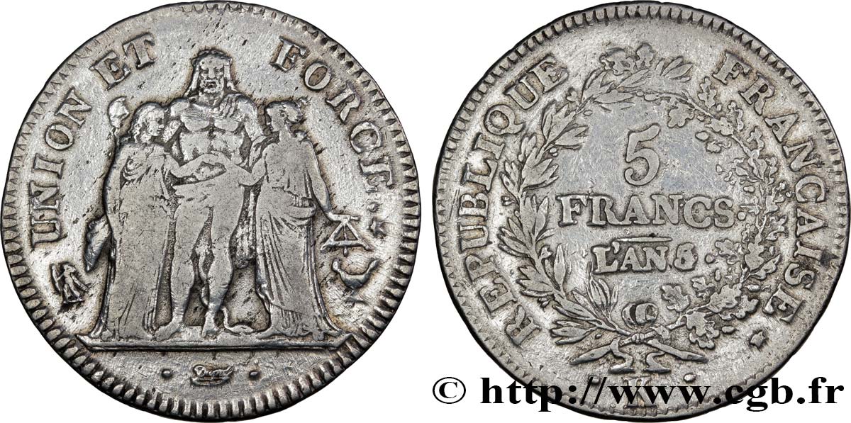 5 francs Union et Force, Union desserré, avec glands intérieurs et gland extérieur 1797 Bordeaux F.291/15 BC35 