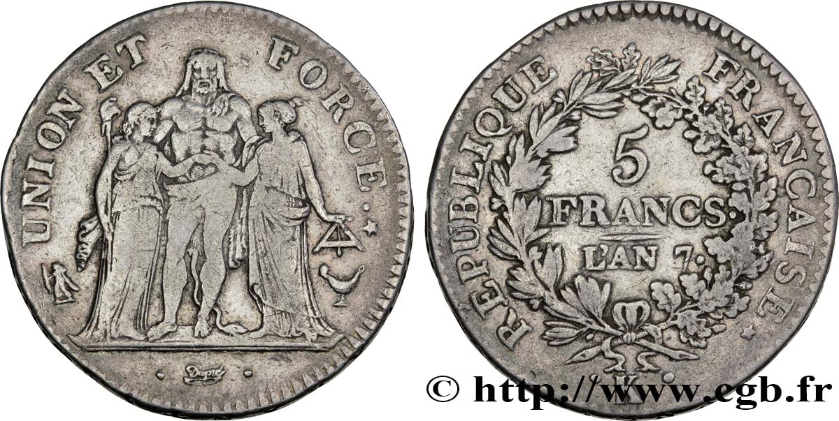 5 francs Union et Force, Union desserré, avec glands intérieurs et gland extérieur 1799 Bordeaux F.291/23 TB30 