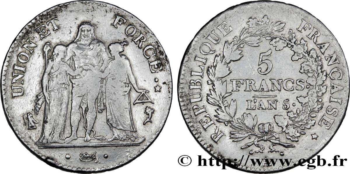 5 francs Union et Force, Union serré, seulement gland extérieur 1797 Paris F.288/11 BC25 