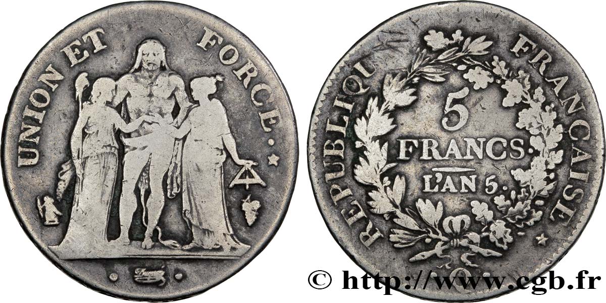 5 francs Union et Force, Union serré, seulement gland extérieur 1797 Perpignan F.288/26 TB22 
