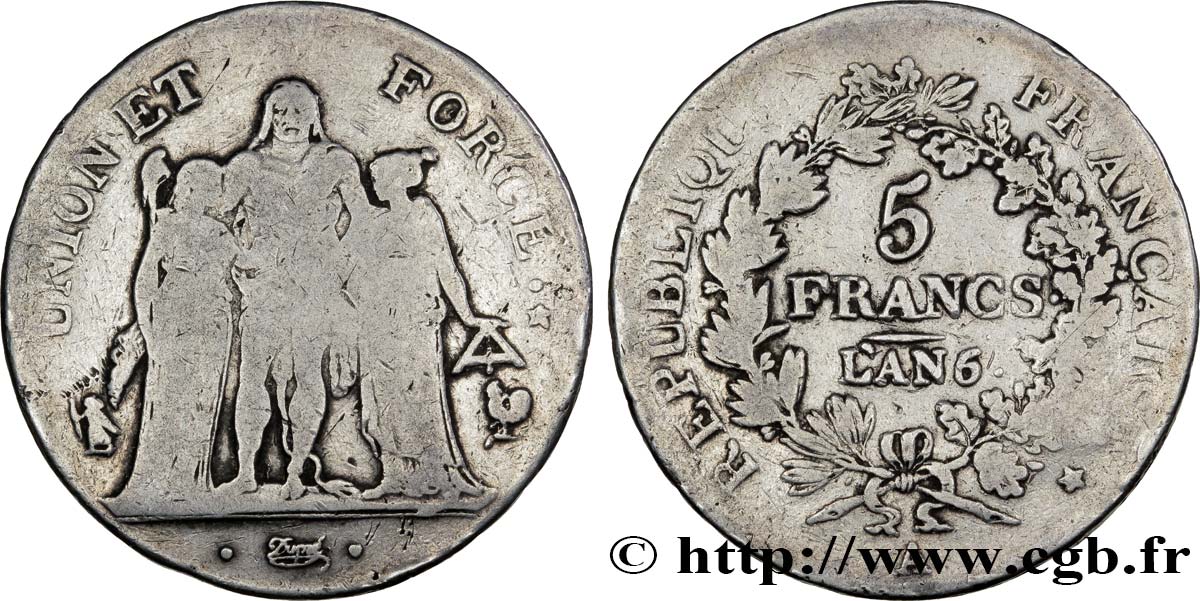 5 francs Union et Force, Union serré, seulement gland extérieur 1798 Paris F.288/49 RC12 