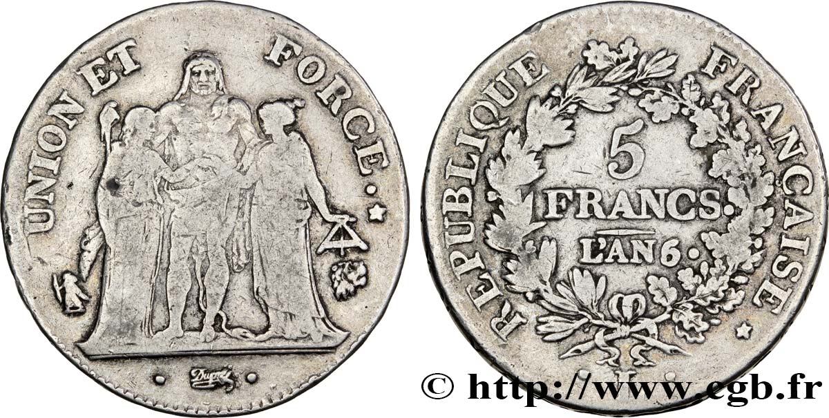 5 francs Union et Force, Union serré, seulement gland extérieur 1798 Bayonne F.288/68 TB28 