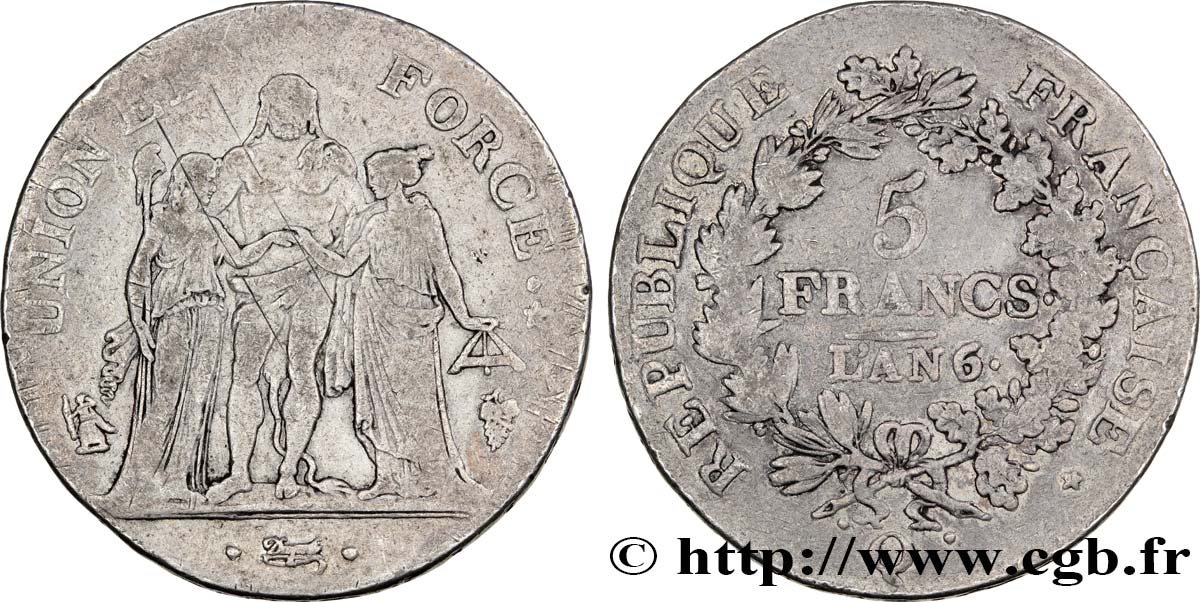 5 francs Union et Force, Union serré, seulement gland extérieur 1798 Perpignan F.288/79 BC28 