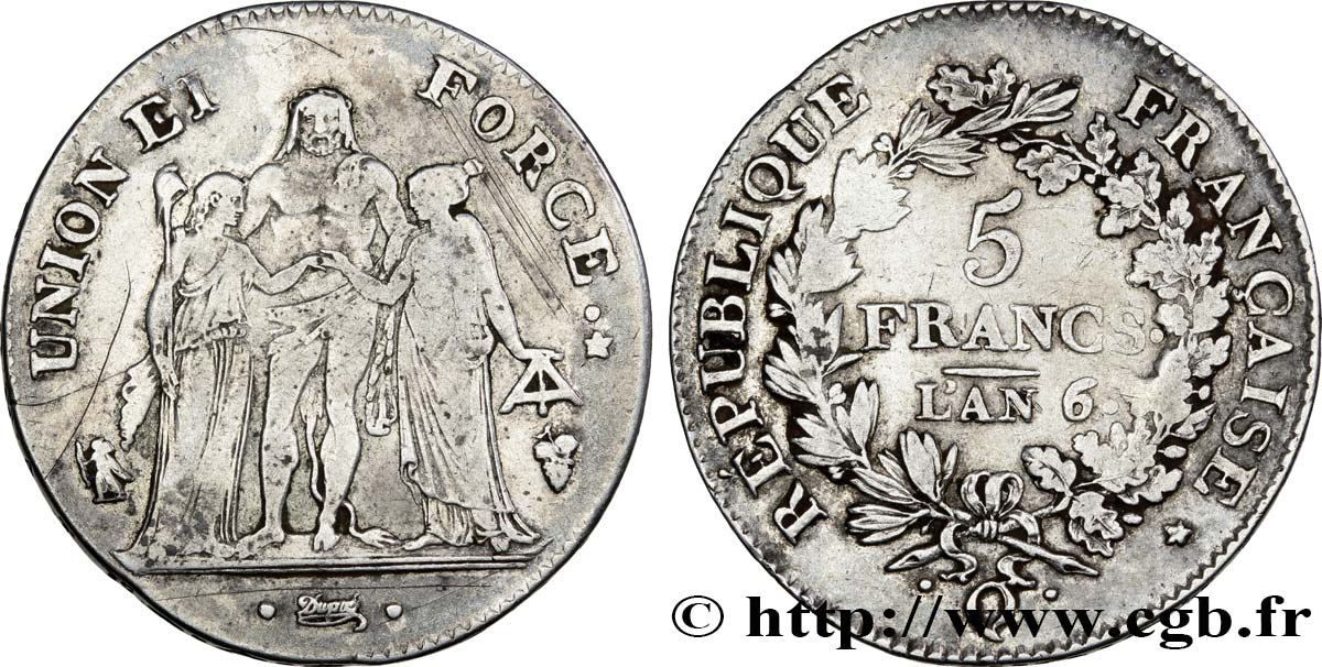 5 francs Union et Force, Union serré, seulement gland extérieur 1798 Perpignan F.288/82 TB38 