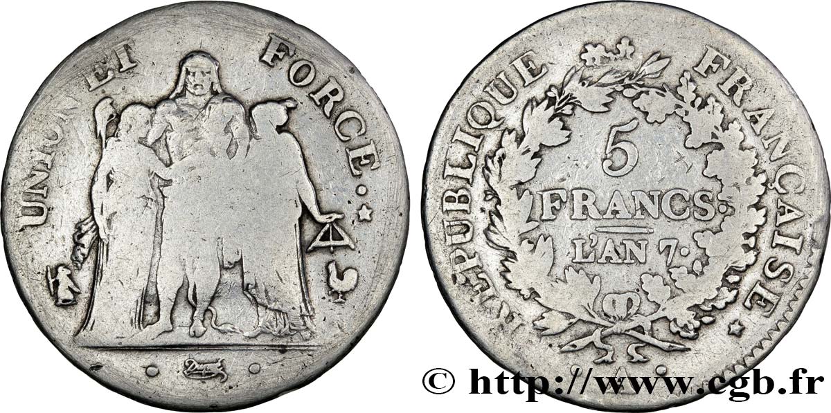5 francs Union et Force, Union serré, seulement gland extérieur 1799 Paris F.288/98 TB15 