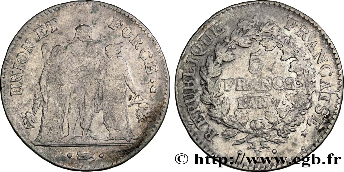 5 francs Union et Force, Union serré, seulement gland extérieur 1799 Bayonne F.288/112 S25 