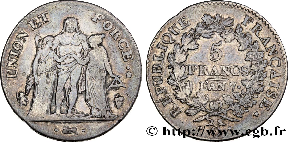 5 francs Union et Force, Union serré, seulement gland extérieur 1799 Perpignan F.288/118 TB30 
