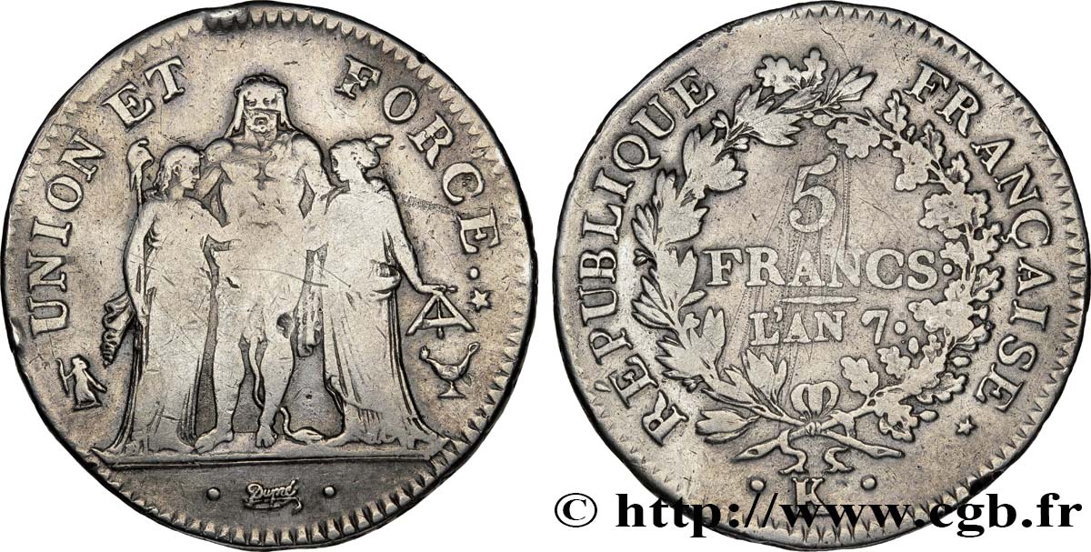 5 francs Union et Force, Union desserré, seulement gland extérieur 1799 Bordeaux F.291/24 S25 
