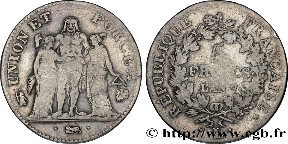 5 francs Union et Force, Union desserré, seulement gland extérieur 1799 Bayonne F.291/27 VF25 