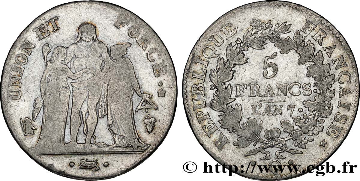 5 francs Union et Force, Union serré, seulement gland extérieur, petite feuille 1799 Perpignan F.288/122 BC25 