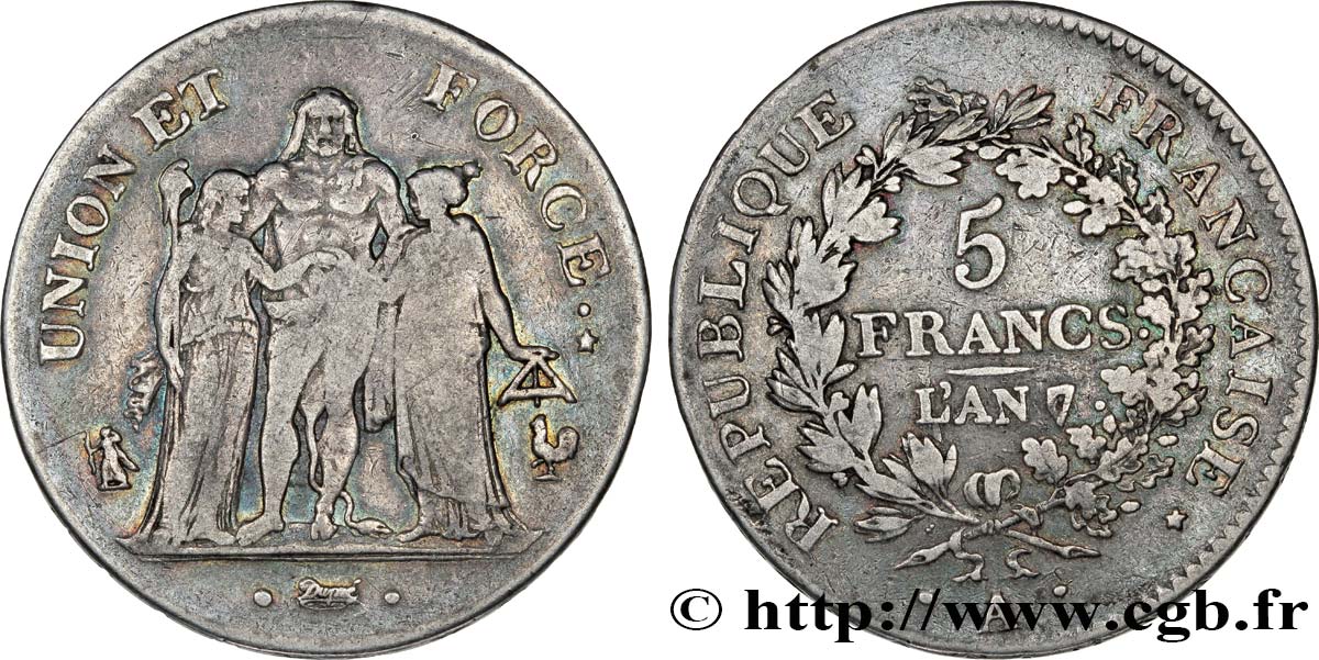 5 francs Union et Force, Union serré, gland intérieur haut, gland extérieur, petite feuille 1799 Paris F.288/104 VF25 