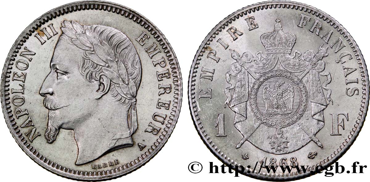 1 franc Napoléon III, tête laurée 1868 Paris F.215/10 SPL64 