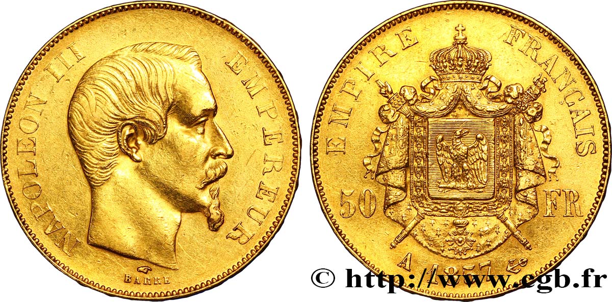 50 francs or Napoléon III, tête nue 1857 Paris F.547/4 XF48 