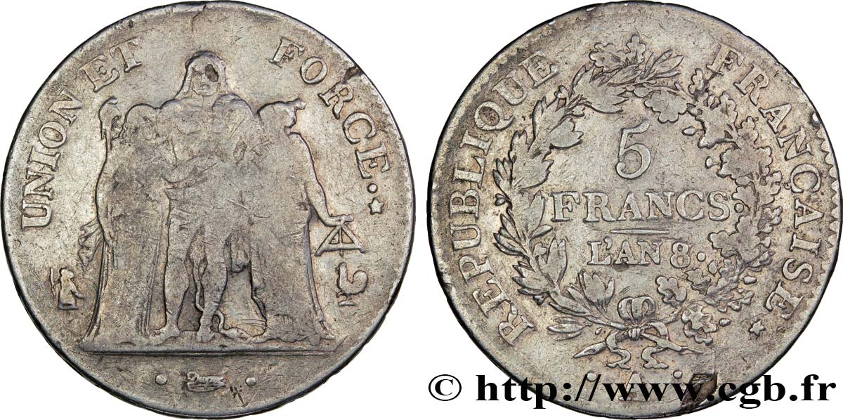 5 francs Union et Force, Union serré, avec glands intérieurs et gland extérieur 1800 Paris F.288/44 TB18 
