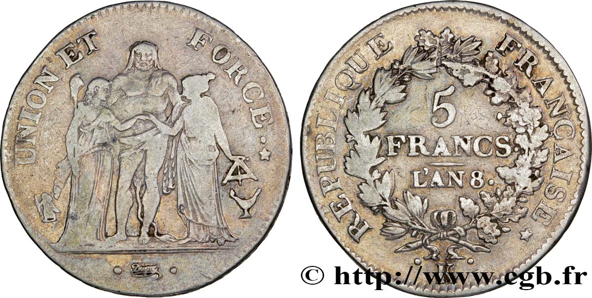 5 francs Union et Force, Union serré, avec glands intérieurs et gland extérieur 1800 Bordeaux F.288/133 VF35 