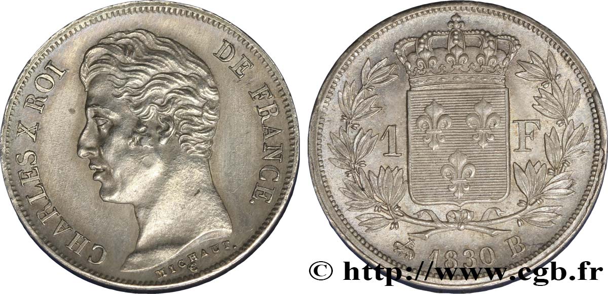 1 franc Charles X, matrice du revers à quatre feuilles 1830 Rouen F.207A/27 SPL58 