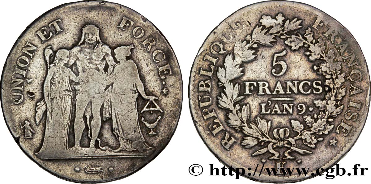 5 francs Union et Force, Union serré, avec glands intérieurs et gland extérieur 1801 Bordeaux F.288/160 MB25 