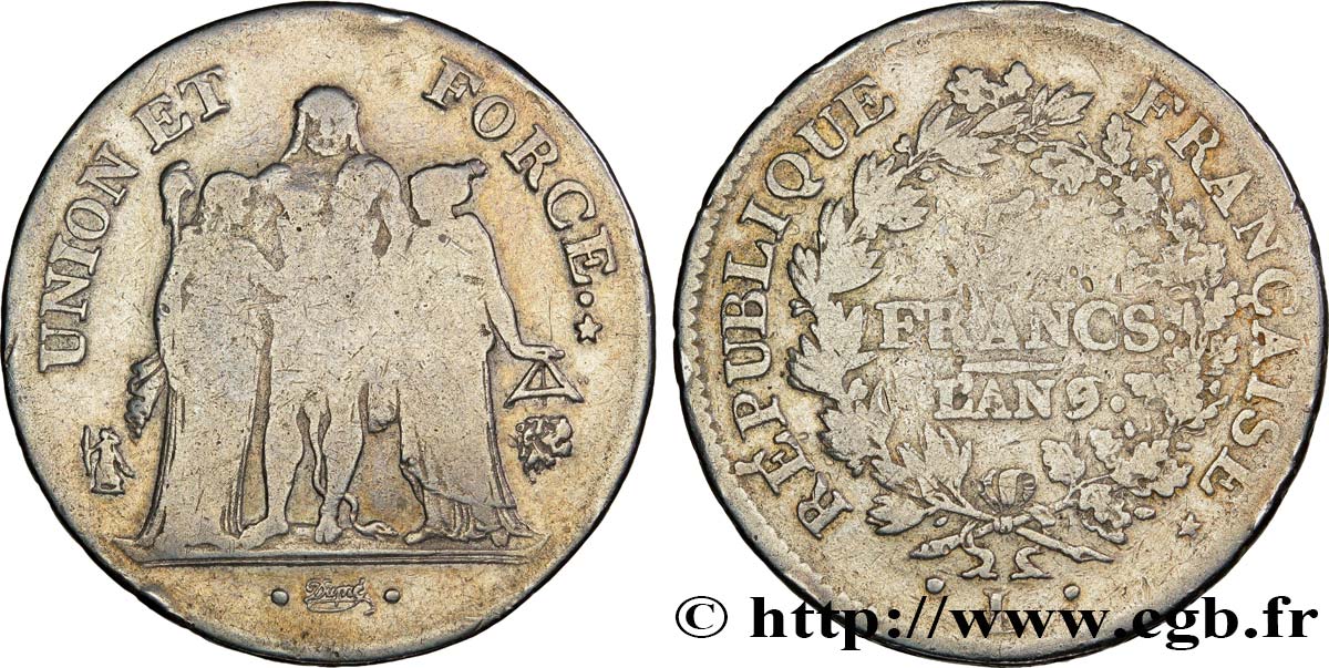 5 francs Union et Force, Union serré, avec glands intérieurs et gland extérieur 1801 Bayonne F.288/163 MB15 