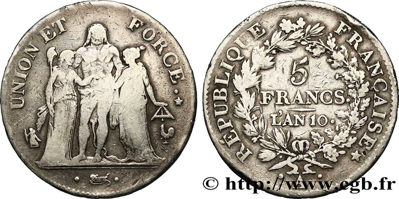 5 francs Union et Force, Union serré, avec glands intérieurs et gland extérieur 1802 Paris F.288/168 VF28 