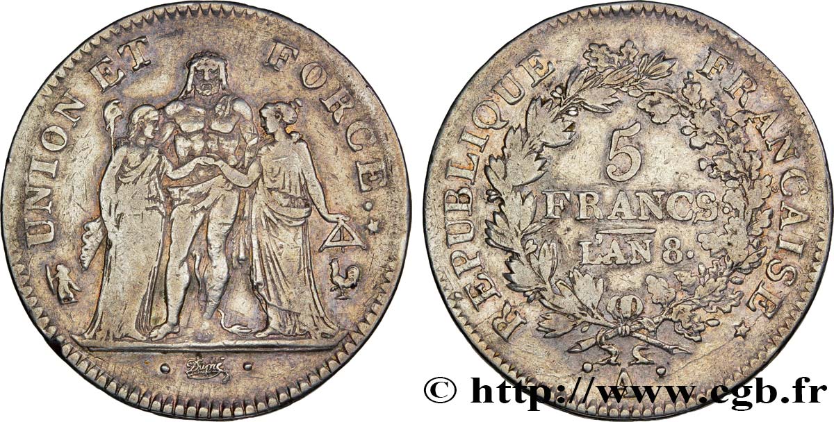 5 francs Union et Force, Union desserré, avec glands intérieurs et gland extérieur 1800 Paris F.291/16 TB35 