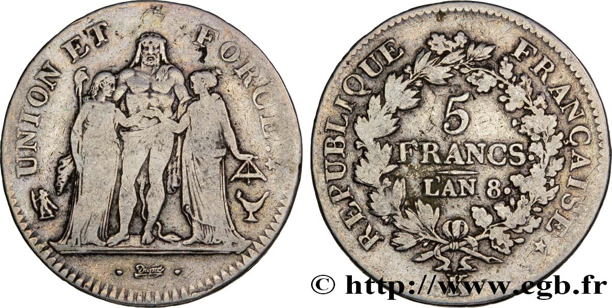5 francs Union et Force, Union desserré, avec glands intérieurs et gland extérieur 1800 Bordeaux F.291/19 TB22 