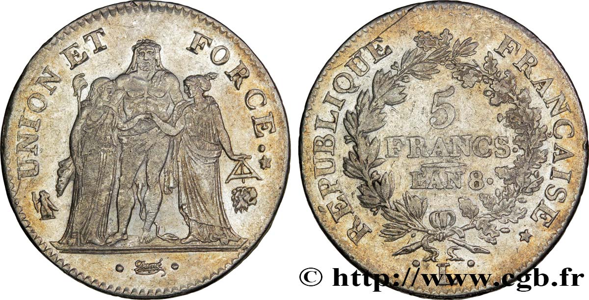 5 francs Union et Force, Union desserré, avec glands intérieurs et gland extérieur 1800 Bayonne F.291/38 MBC45 